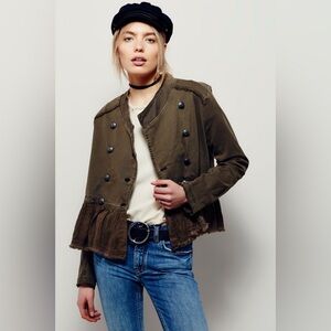 New Free People Flared Ruffle Hem Military Button Jacket Olive Army Green